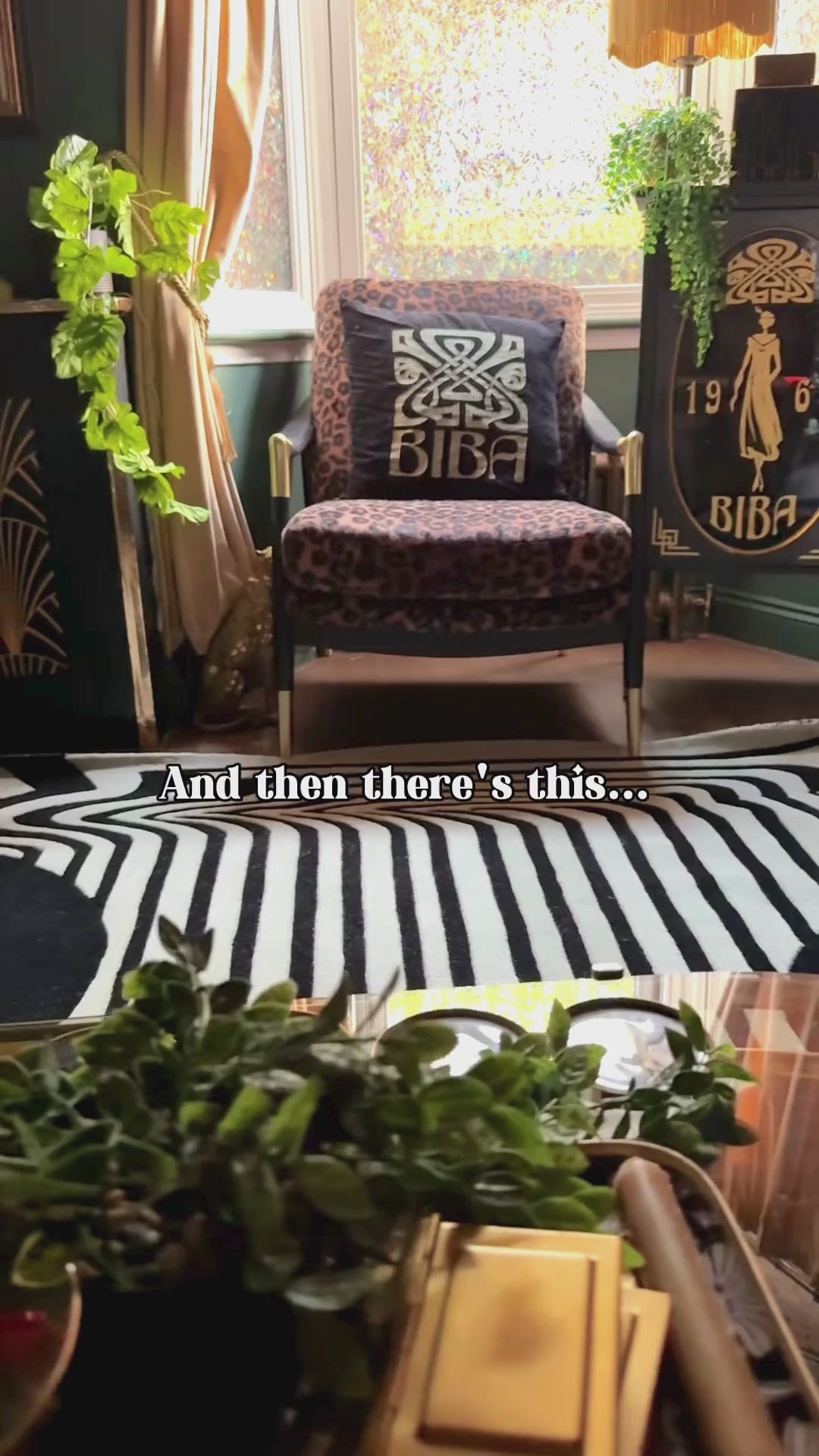 art deco rug styling in a maximalist living rooom