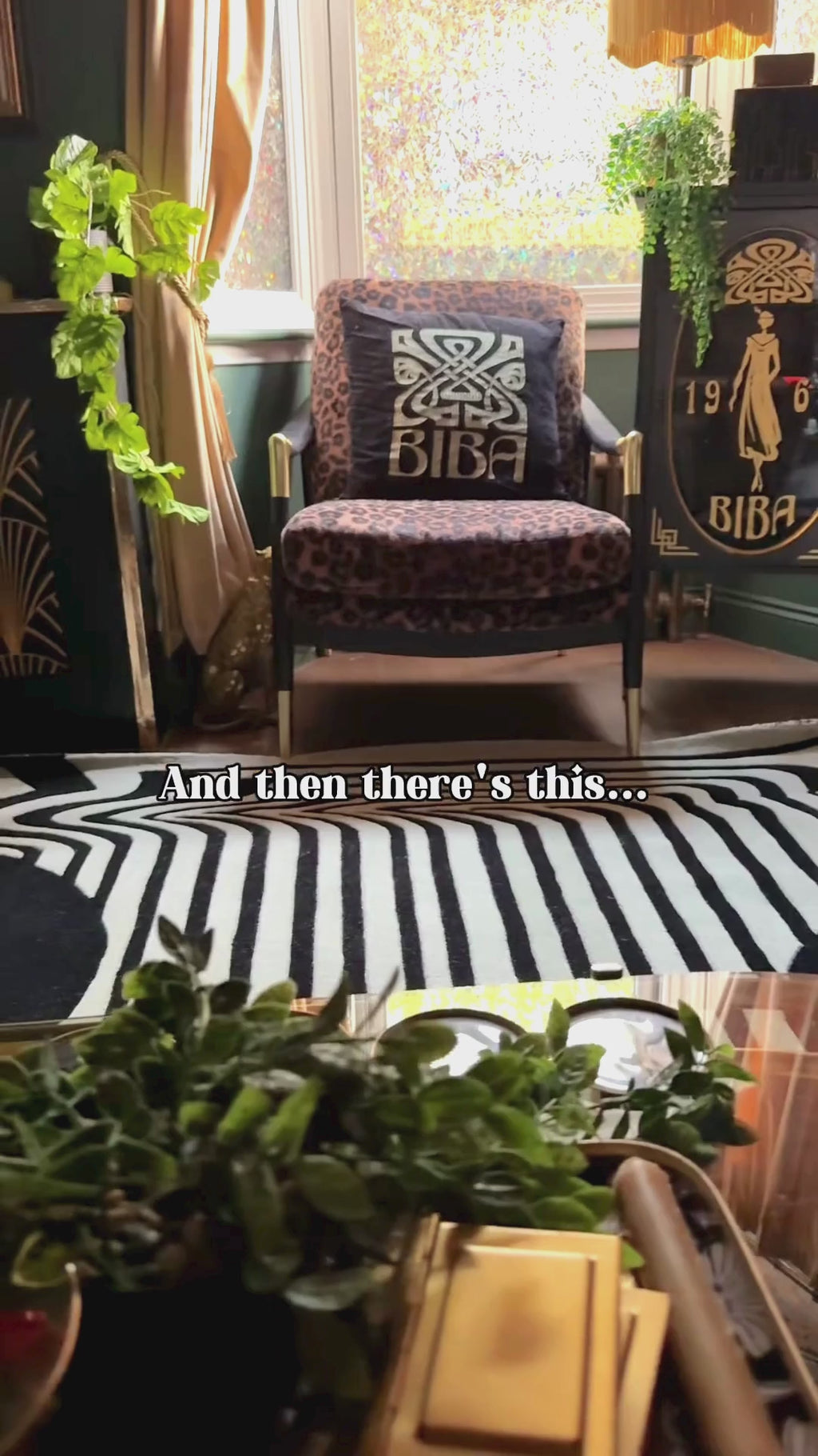 art deco rug styling in a maximalist living rooom