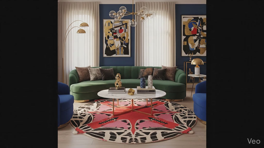 Round Abstract Butterfly Hand Tufted Rug - Red