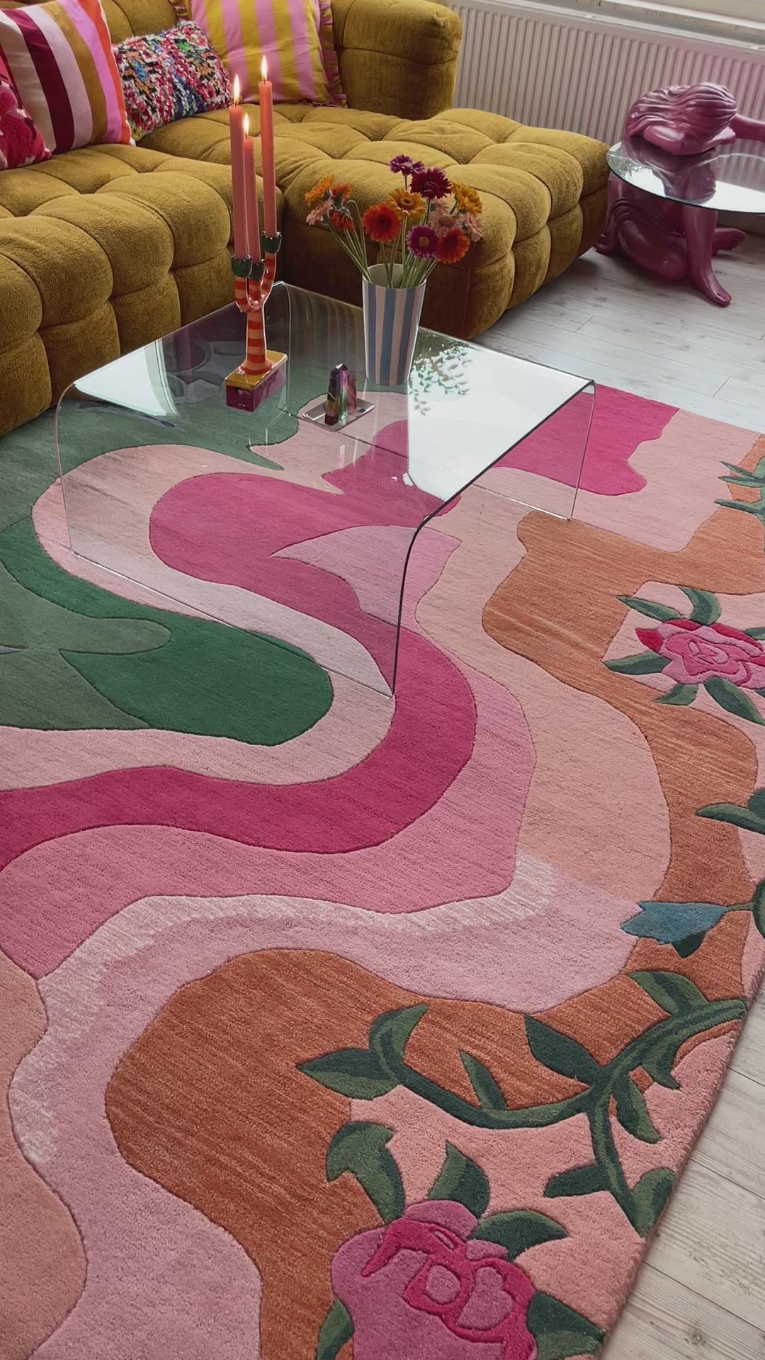 contemporary living room with floral rug 