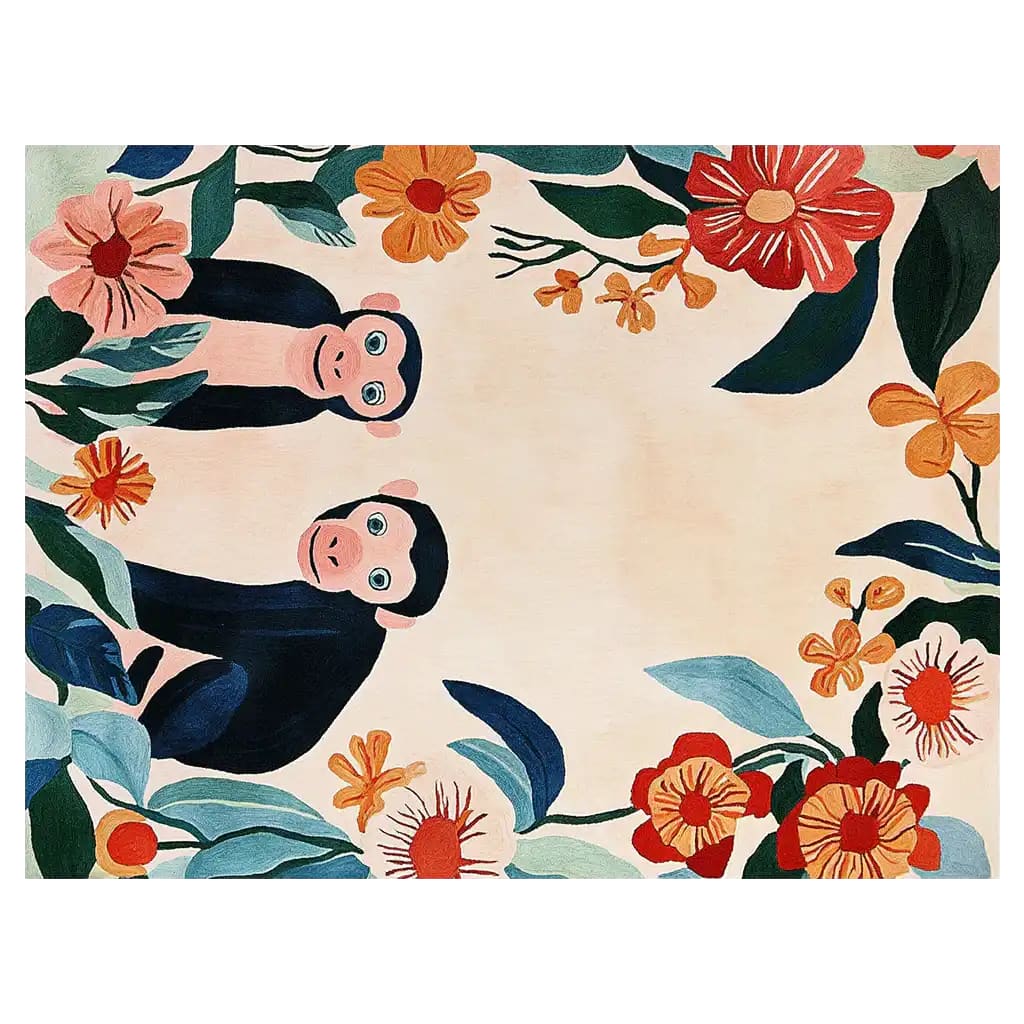 Vibrant area rug featuring a playful, hand-tufted wool design of two primates surrounded by colorful flowers and leaves, ideal for adding a lively touch to living room decor.