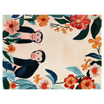 Vibrant area rug featuring a playful, hand-tufted wool design of two primates surrounded by colorful flowers and leaves, ideal for adding a lively touch to living room decor.