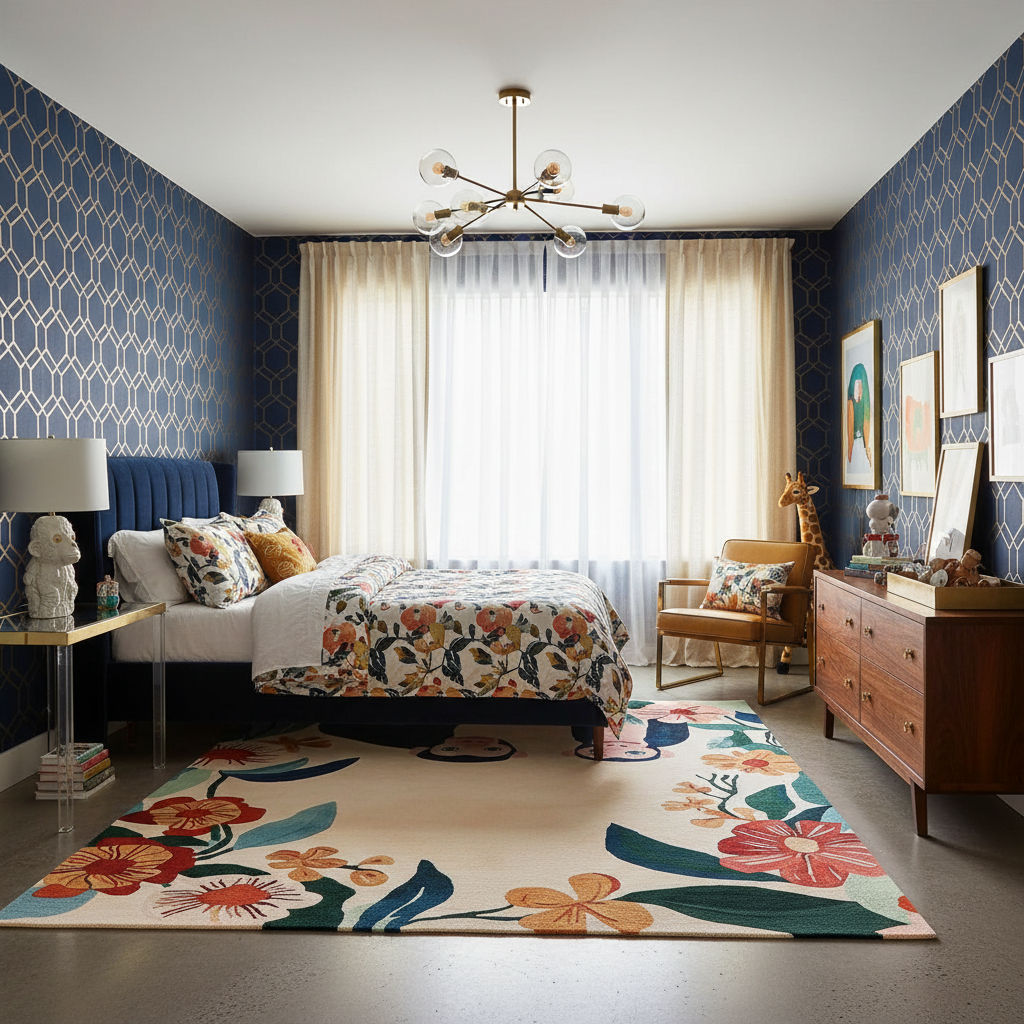 Decorative bedroom with floral rug, bed, and furniture.