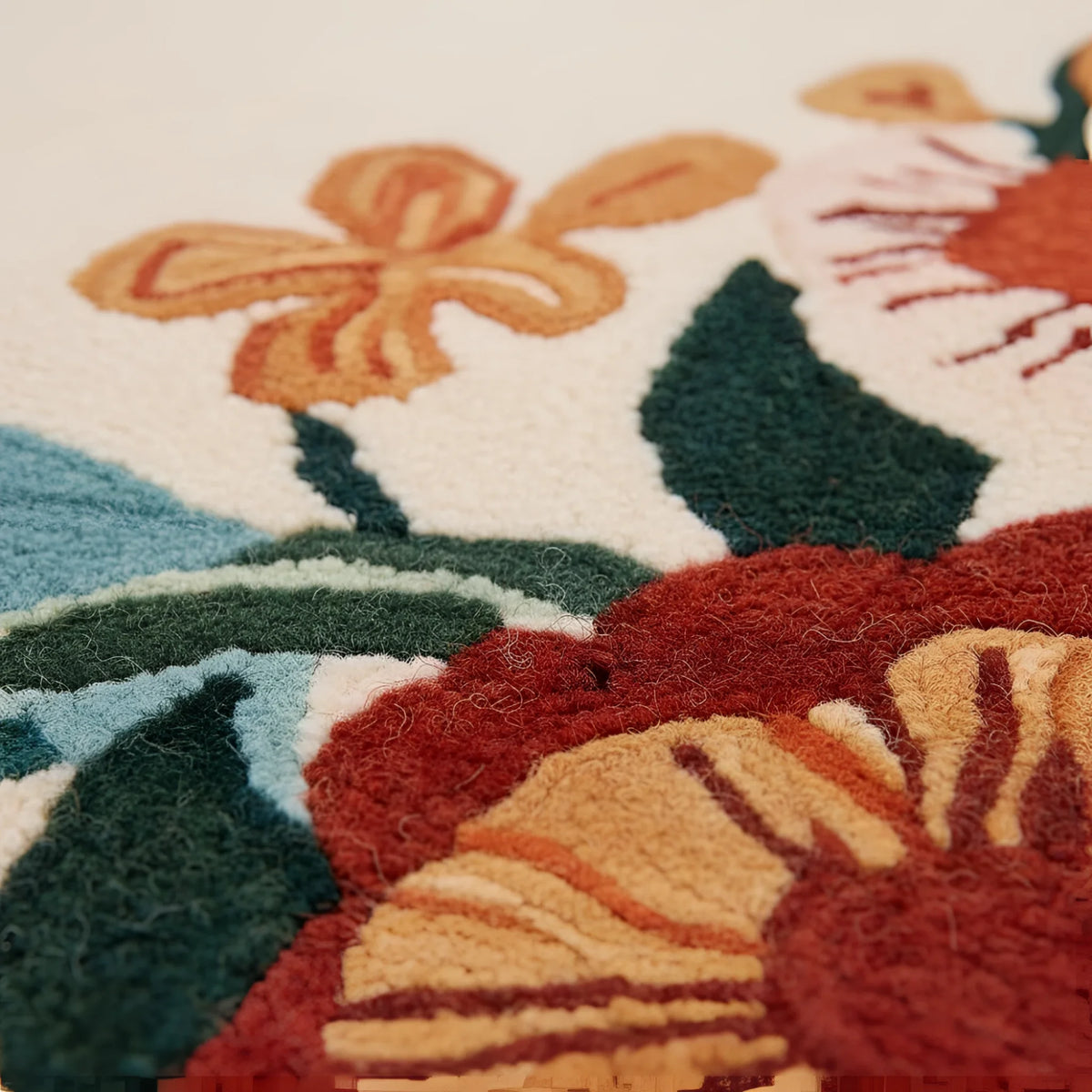 Close-up of a colorful floral patterned rug with vibrant colors.