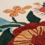 Close-up of a colorful floral patterned rug with vibrant colors.