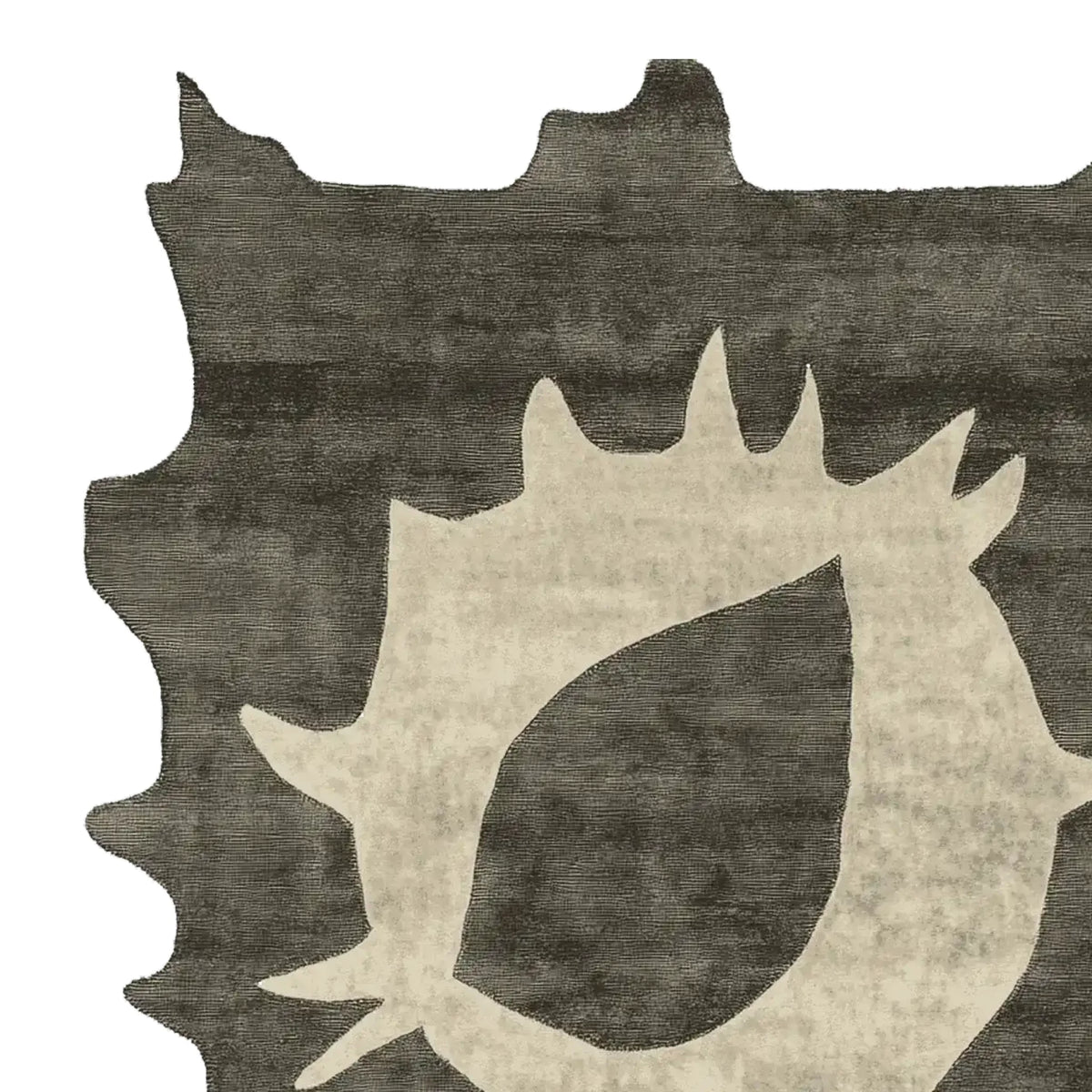 Top view of the Primitive Core Echo Hand Tufted Area Rug, showcasing its abstract design with a dark background and light, striking patterns. Perfect for adding a modern touch to any living room, this contemporary wool rug is ideal for those looking for large living room rugs that offer both style and comfort.