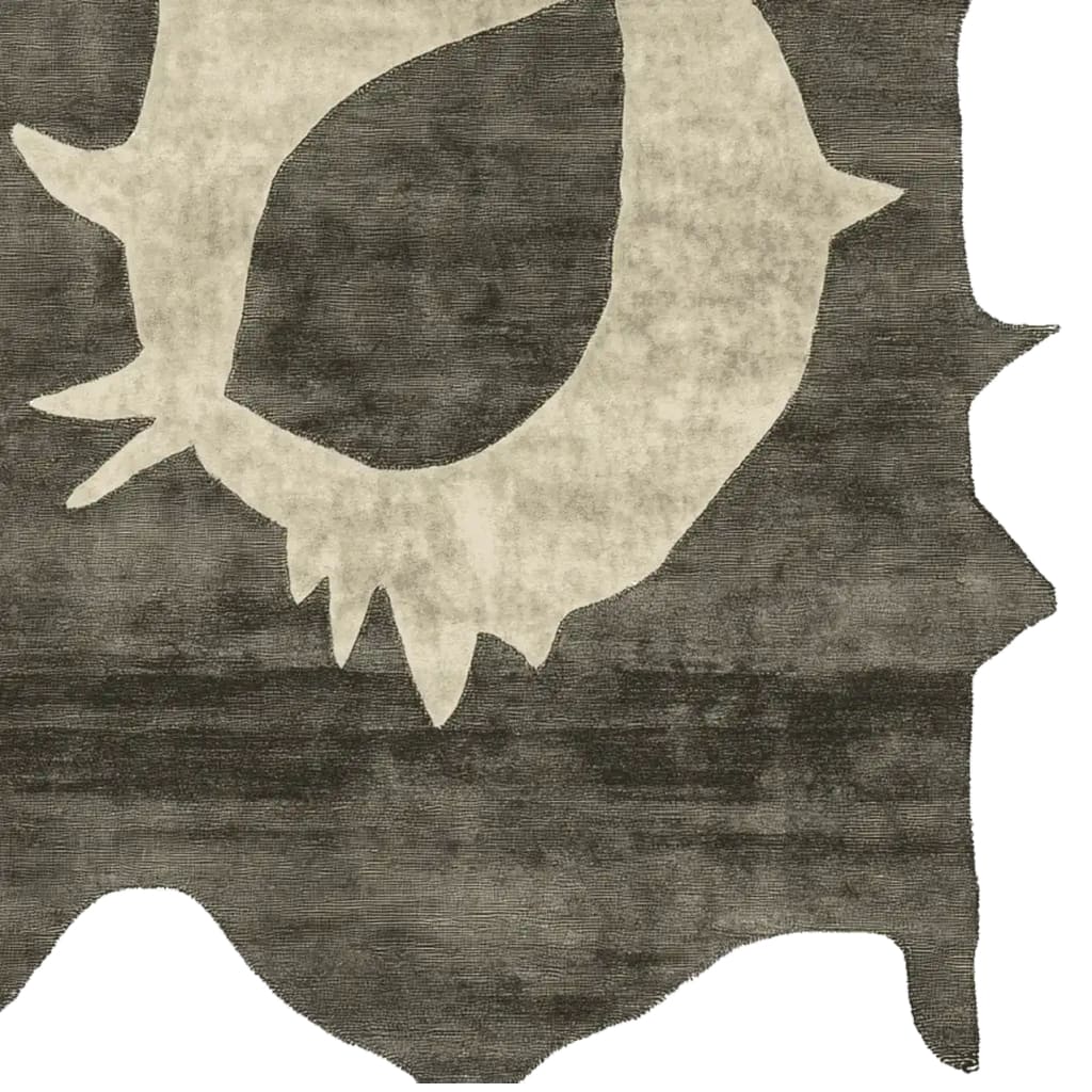 Top view of the Primitive Core Echo Hand Tufted Area Rug, showcasing an abstract design resembling a stylized animal hide. This contemporary wool rug in neutral tones is perfect for large living rooms, adding a modern touch to any space.