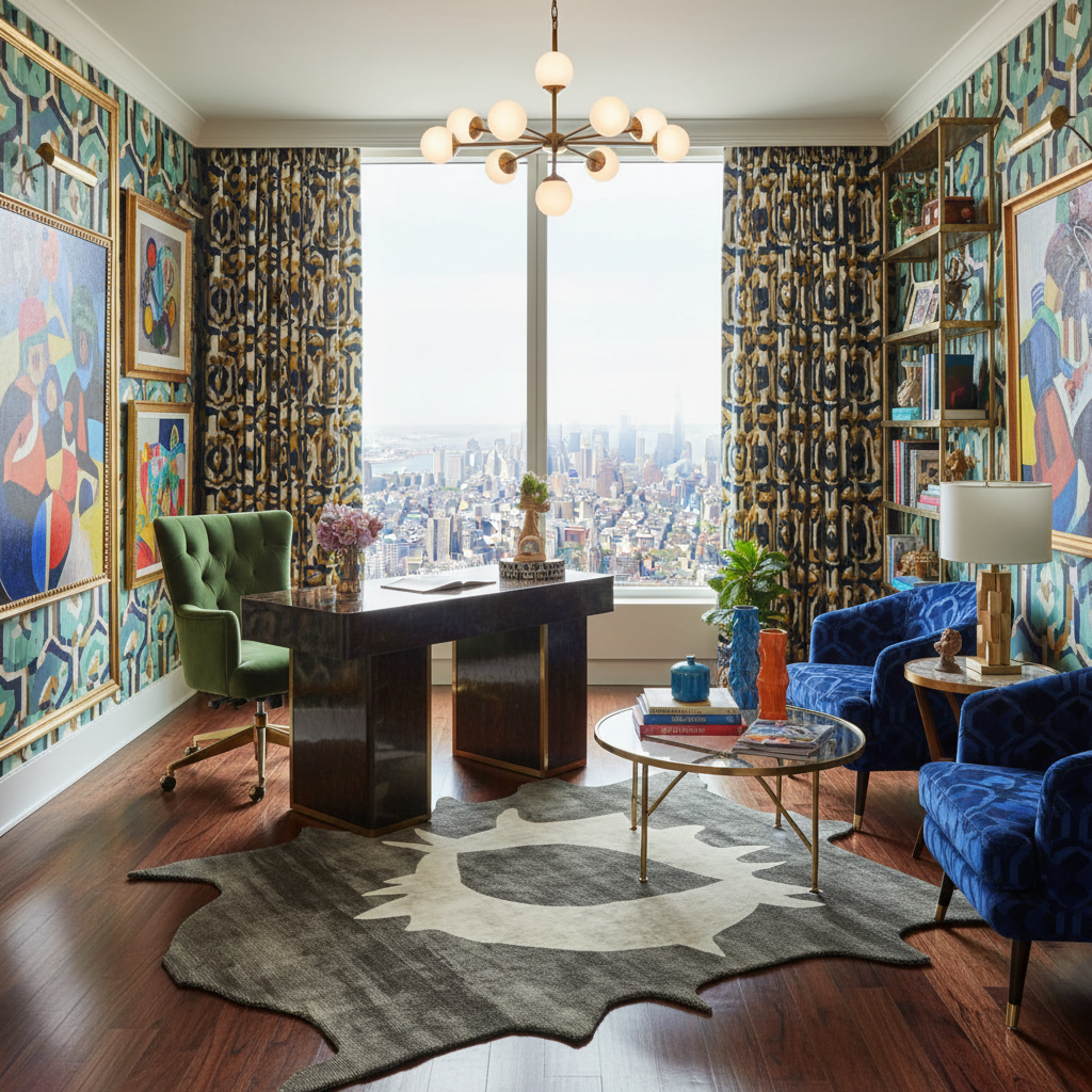 Modern office with colorful decor, an abstract wool rug, large window, and stylish furniture.