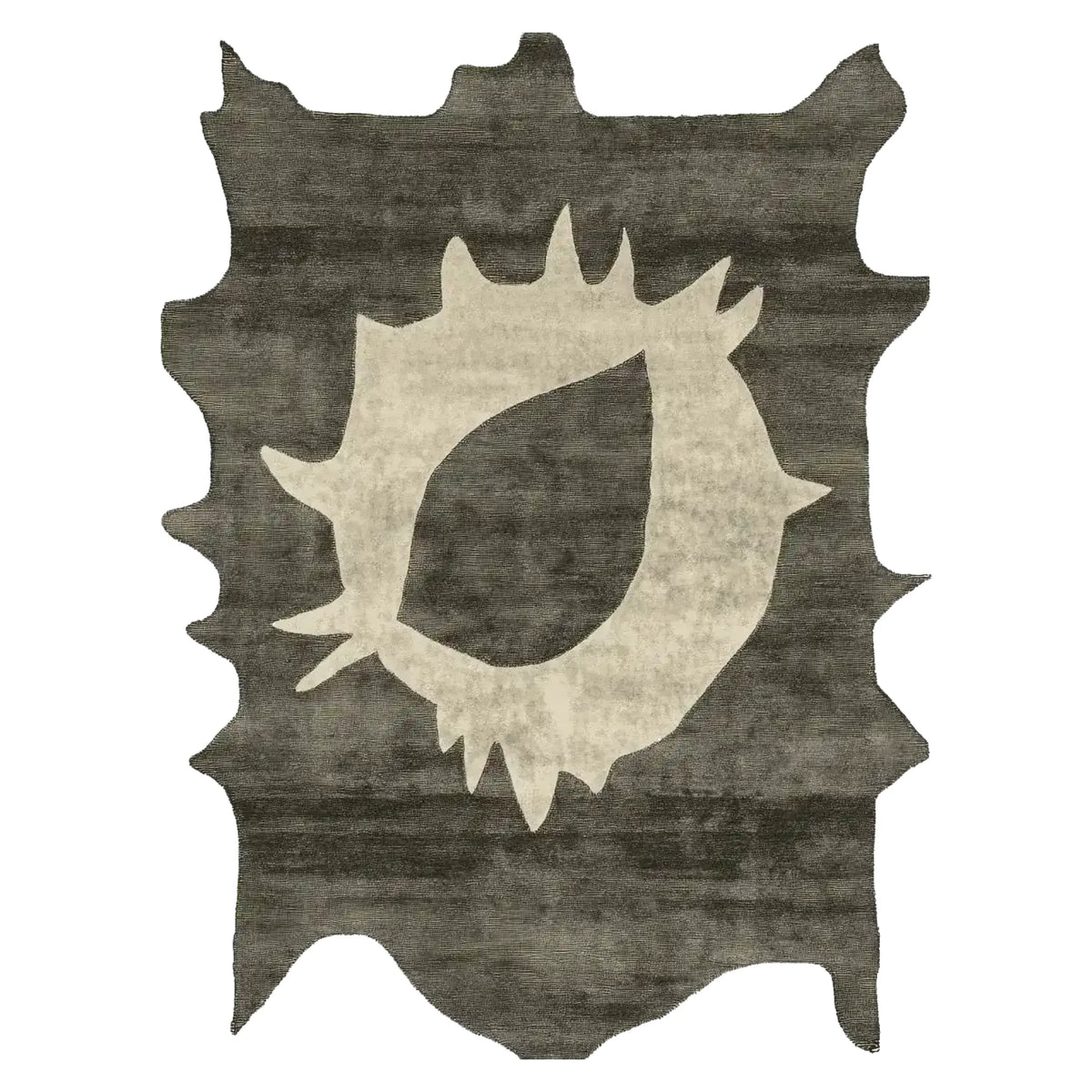 Modern office with colorful decor, an abstract wool rug, large window, and stylish furniture.