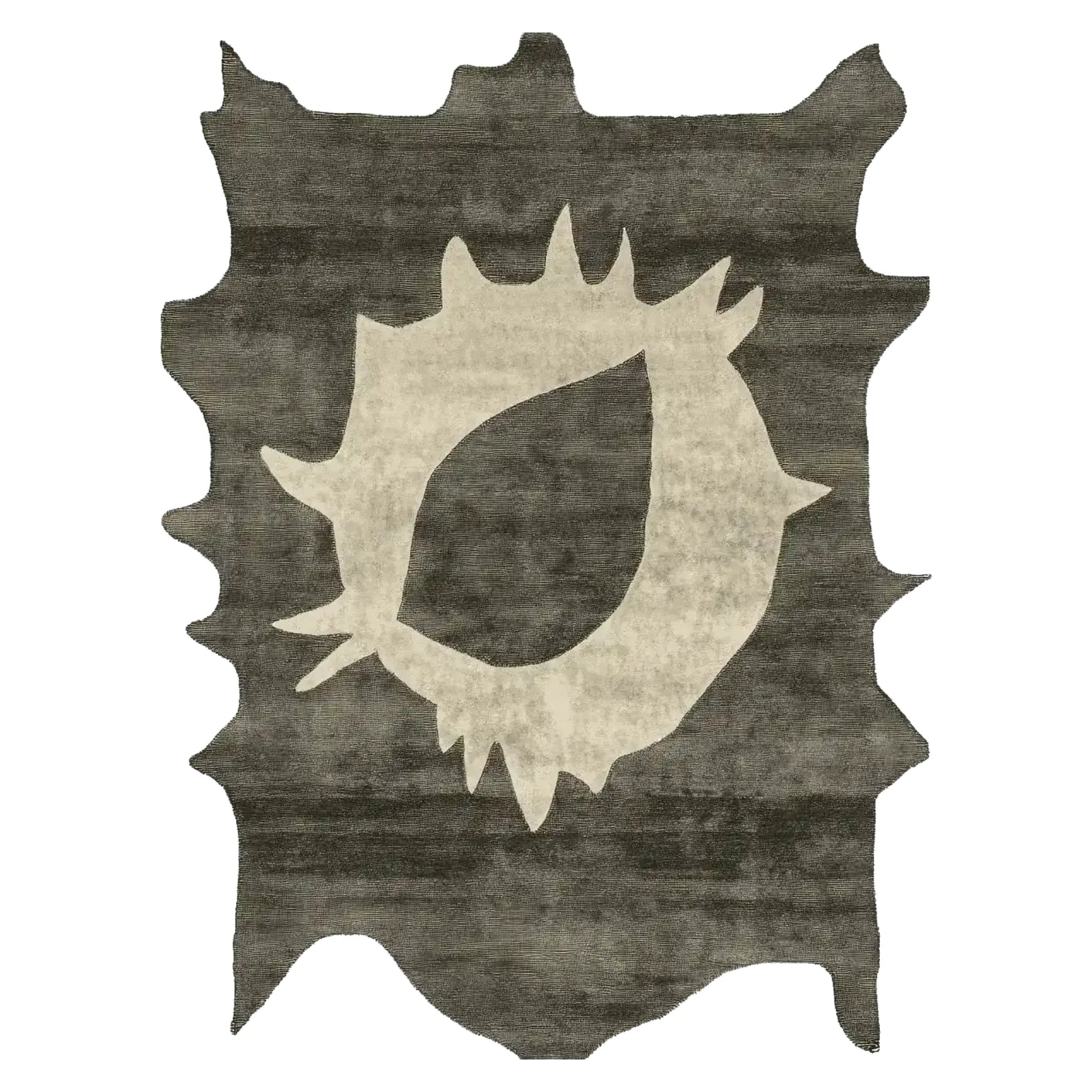 Modern office with colorful decor, an abstract wool rug, large window, and stylish furniture.