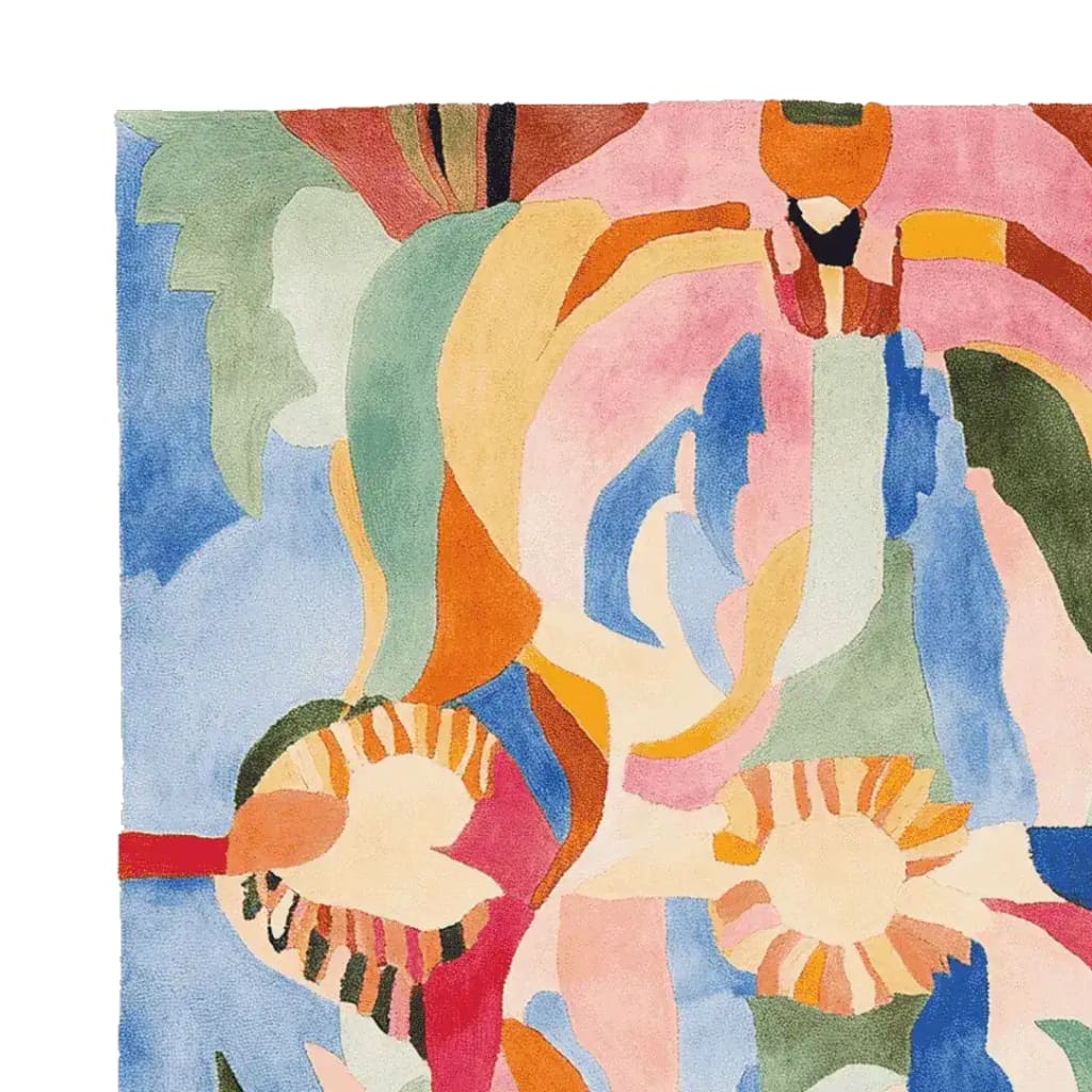 Top view of a contemporary wool area rug featuring an abstract design with vibrant colors including pink, blue, green, and orange. Perfect for large living room spaces, this square rug adds a modern touch to any home decor.