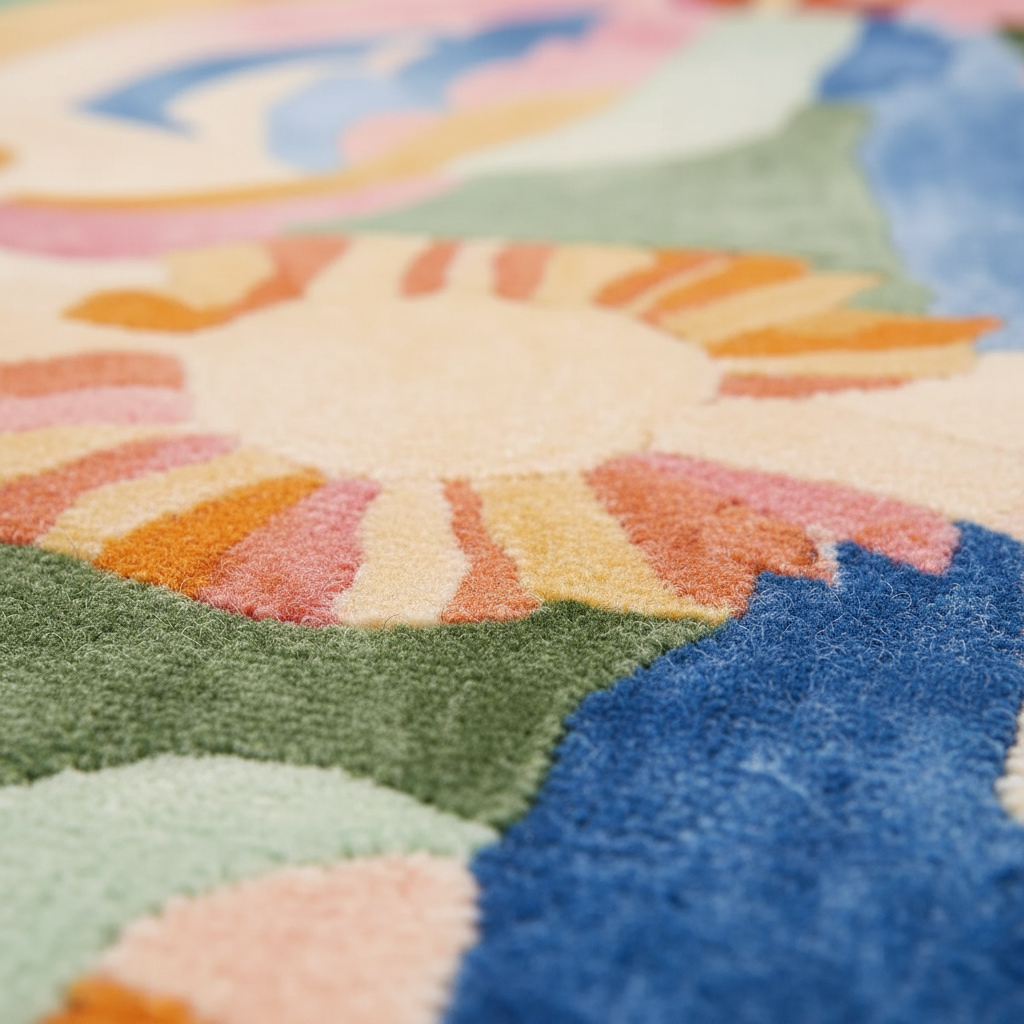 Close-up of a colorful patterned rug with vibrant colors.