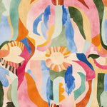 A vibrant, contemporary wool area rug with an abstract design featuring a mix of bold colors like orange, blue, pink, and green. Perfect for a large living room, this square rug adds a modern touch and artistic flair to any space.