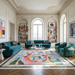 Luxurious living room with teal sofas, a colorful rug, and decorative elements.