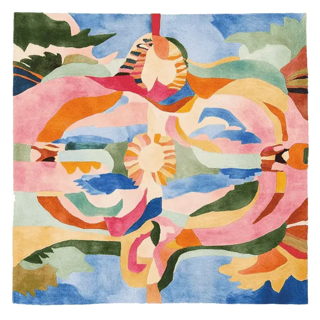 Top view of a vibrant and colorful area rug featuring an abstract design with swirling patterns and bold colors. This square area rug is ideal for large living rooms, offering a contemporary touch. Made from high-quality wool, it serves as a stylish living room area rug.