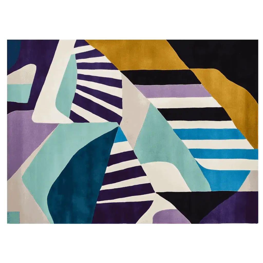 A vibrant area rug with a contemporary design, featuring bold geometric patterns in rich shades of purple, teal, mustard, and black. This wool rug is perfect for adding a modern touch to any living room, making it a standout choice among area rugs for living room spaces.