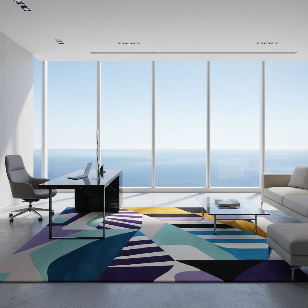 Modern office with a large window view, desk, chair, and colorful geometric rug.
