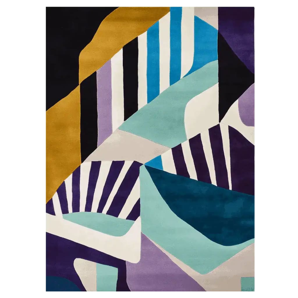 A vibrant area rug with a contemporary design, featuring bold abstract patterns in shades of blue, purple, and gold. This hand-tufted wool rug adds a modern touch to any living room, perfect for those seeking stylish area rugs for living room decor.