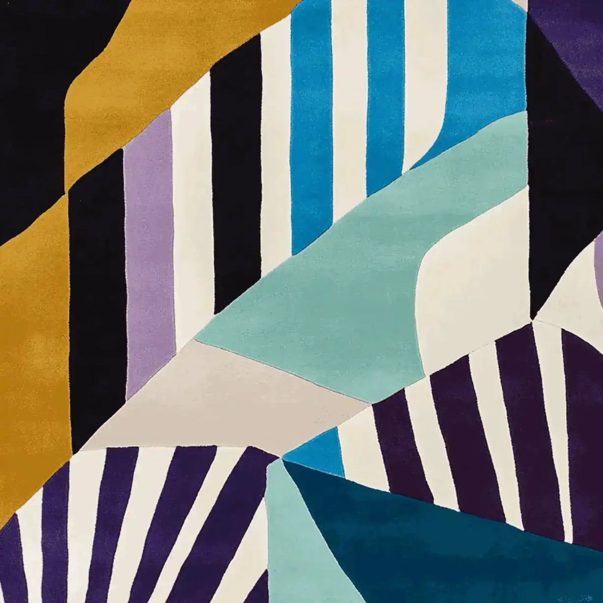 Vibrant and contemporary area rug with geometric patterns in shades of mustard, black, purple, blue, and teal. Perfect wool rug for adding a modern touch to living room spaces, showcasing a bold design that complements any decor.