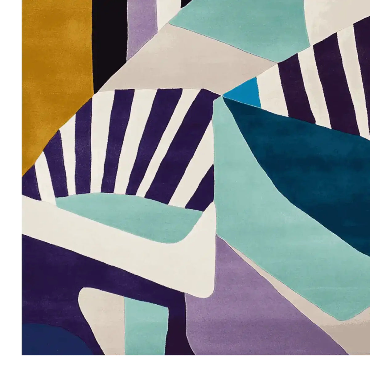 Vibrant and contemporary area rug showcasing an abstract design with bold stripes and geometric shapes in shades of teal, blue, purple, and yellow. This hand-tufted wool rug adds a modern touch to any living room, making it an ideal choice for those seeking stylish area rugs for the living room.