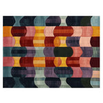 Vibrant area rug featuring a contemporary abstract design with bold, wavy patterns in a mix of red, blue, yellow, and green hues. This hand tufted wool rug is ideal for adding a splash of color to large living rooms, perfectly sized at 8x10.