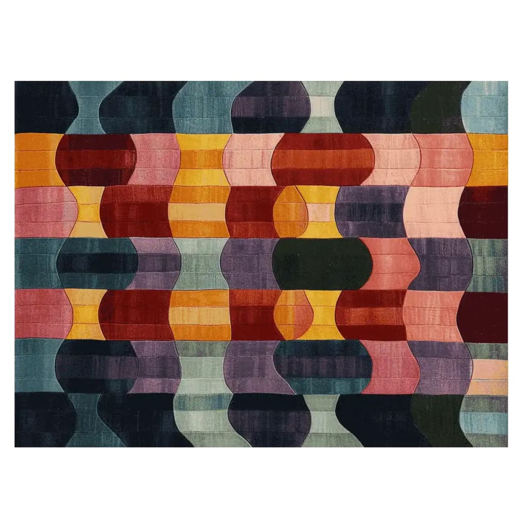 Vibrant area rug featuring a contemporary abstract design with bold, wavy patterns in a mix of red, blue, yellow, and green hues. This hand tufted wool rug is ideal for adding a splash of color to large living rooms, perfectly sized at 8x10.