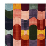 Vibrant area rug with an abstract pattern featuring bold, curved stripes in rich colors like blue, red, green, and yellow. This contemporary wool rug is perfect for adding a splash of color to your living room. Ideal as a large living room rug in an 8x10 size, it combines modern design with quality craftsmanship.