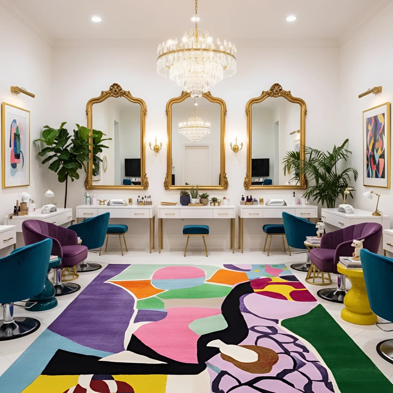 Modern interior design nail salon with colorful rug, chairs, and mirrors.