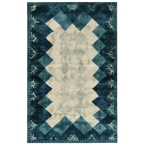 Stylish Prism Tides Hand Tufted Wool Area Rug featuring a contemporary geometric design with rich blue and cream tones. Perfect for adding a modern touch to your living room or office, this wool rug combines elegance with durability, making it an ideal choice for area rugs in any space.