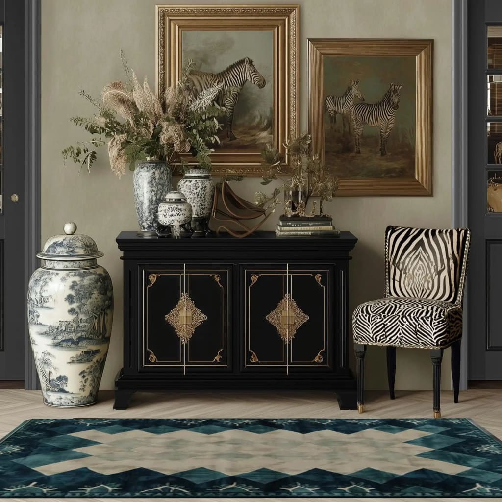 A beautifully designed Prism Tides Hand Tufted Wool Rug in a contemporary living room setting. The area rug features an abstract geometric pattern in rich blue and cream tones, making it perfect for modern interiors. This wool rug enhances the elegance of the space, ideal for both office and living room settings. The room also includes a black cabinet, zebra-print chair, and framed zebra art, adding to the sophisticated decor.