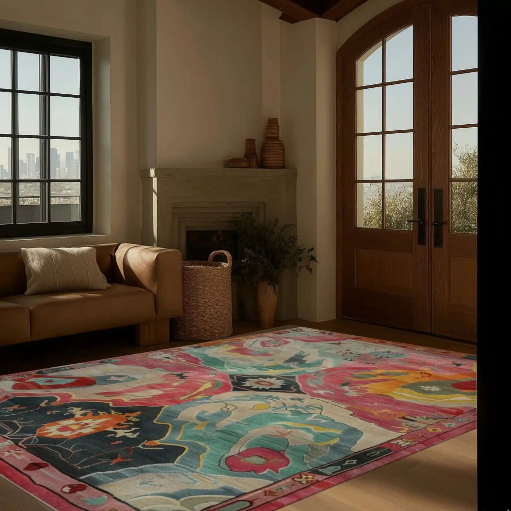 A vibrant, Prismatic Core Hand Tufted Rug measuring 8 x 10 ft adds a splash of color to a cozy living room. This wool rug features an abstract design with a blend of pink, blue, and yellow tones, perfect for large living room spaces. The vintage rug style complements the warm wooden floors and neutral-toned sofa, creating an inviting atmosphere.