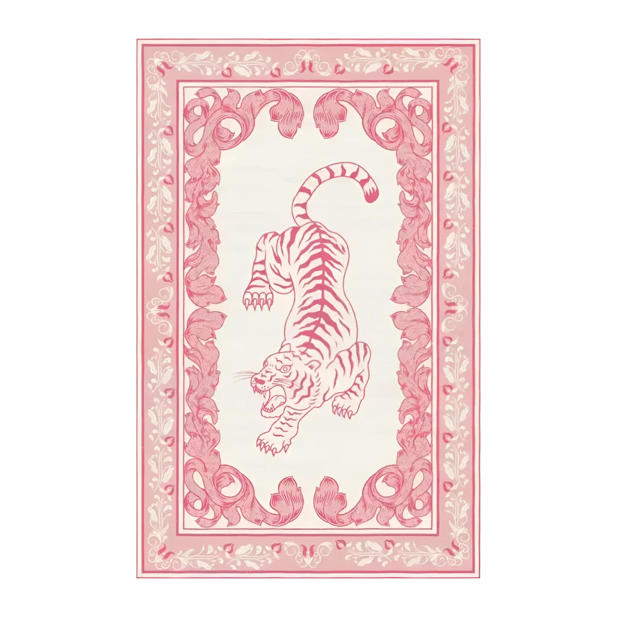 Prowess in Pink Garden Hand-Tufted Area Rug featuring an elegant tiger design in pink with intricate floral borders. This wool rug is perfect for enhancing the ambiance of a living room, offering a luxurious touch to large living room spaces.