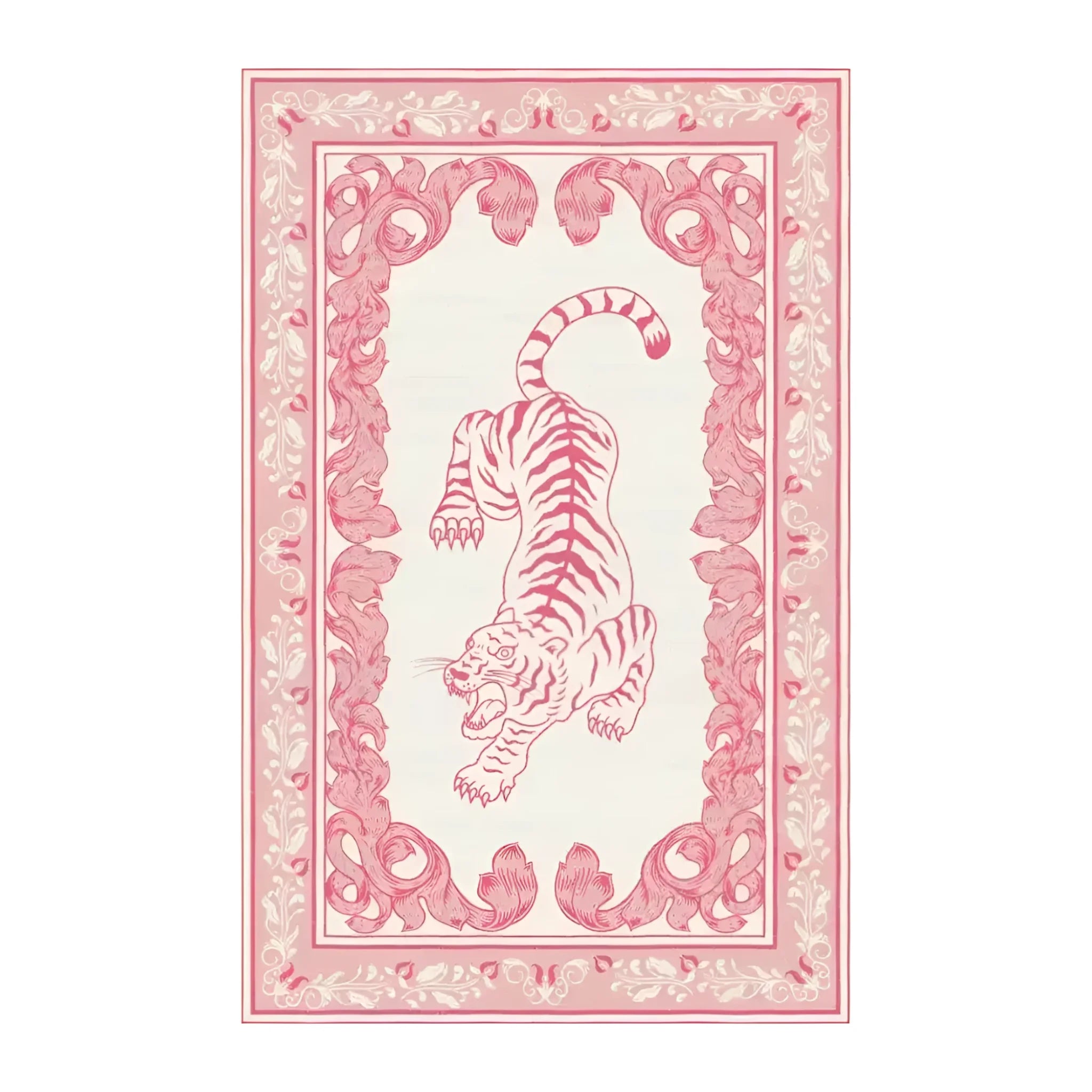 Prowess in Pink Garden Hand-Tufted Area Rug featuring an elegant tiger design in pink with intricate floral borders. This wool rug is perfect for enhancing the ambiance of a living room, offering a luxurious touch to large living room spaces.