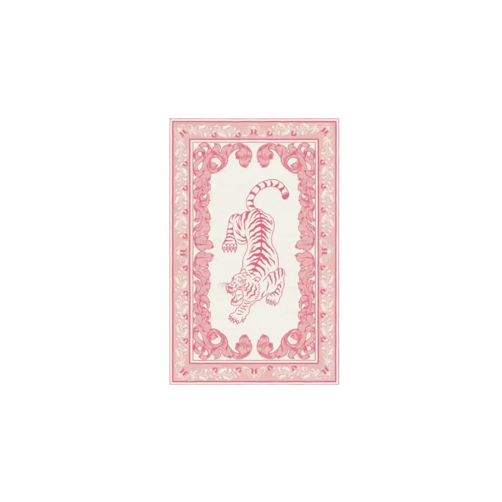 A beautifully designed area rug featuring an abstract pink tiger motif, hand-tufted from high-quality wool. Perfect for adding a touch of elegance to a living room, this large living room rug combines intricate detailing with a vibrant color palette, making it a standout piece in home decor.