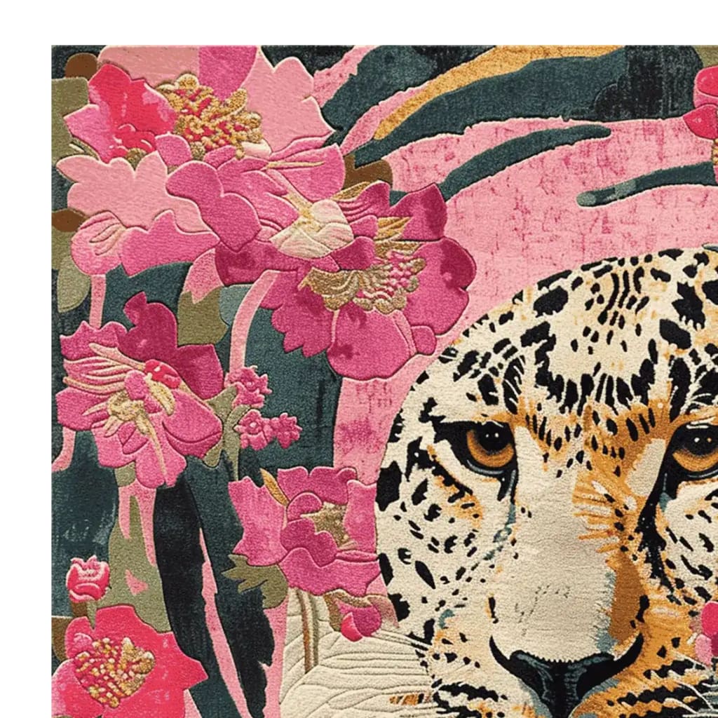 Close-up view of the Prowl Through Petals Hand Tufted Rug, featuring a striking abstract tiger design amidst vibrant pink floral patterns. This wool square area rug is perfect for adding a bold touch to living room spaces, especially in an 8x10 setting.