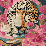 A vibrant hand-tufted area rug featuring an abstract design of a tiger's face surrounded by bold pink and greenery floral patterns. Perfect for adding a touch of wildlife elegance to your living room, this square rug complements 8x10 spaces beautifully. Made of quality wool, it serves as a striking floral rug centerpiece.