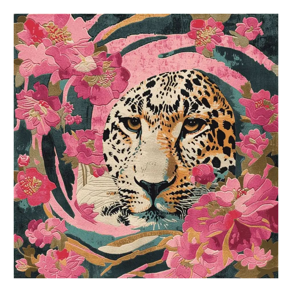 A vibrant hand-tufted area rug featuring a striking tiger design surrounded by lush pink floral patterns. This square rug is crafted from high-quality wool and measures 8x10, making it an ideal choice for living room decor. The intricate details and bold colors of this floral rug add a touch of elegance and wild beauty to any space.