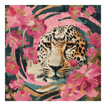 A vibrant hand-tufted area rug featuring a striking tiger design surrounded by lush pink floral patterns. This square rug is crafted from high-quality wool and measures 8x10, making it an ideal choice for living room decor. The intricate details and bold colors of this floral rug add a touch of elegance and wild beauty to any space.