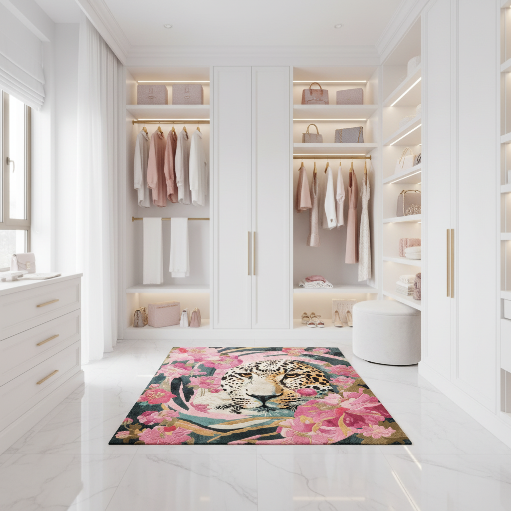 Modern walk-in closet with floral pink tiger rug and clothing racks