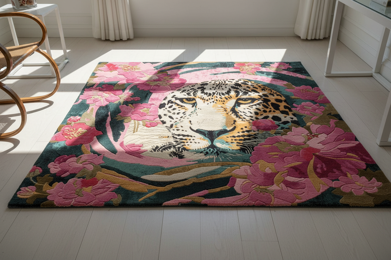 Decorative rug with a leopard and floral design on a white floor.