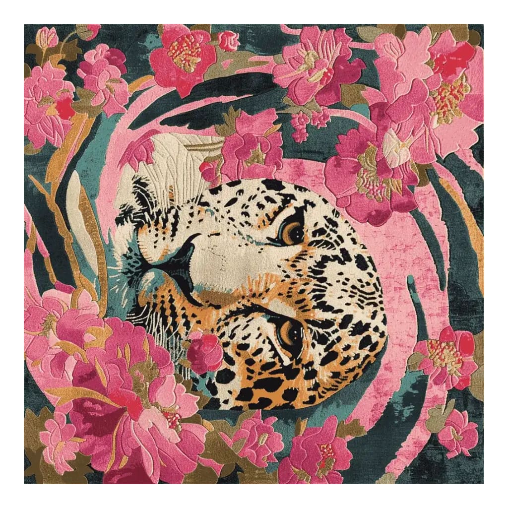Vibrant square area rug featuring a bold abstract tiger design surrounded by vivid pink and green floral patterns. This wool rug is perfect for adding a touch of nature to living room rugs 8x10 spaces, combining elegance with a unique artistic flair. Ideal as a floral rug centerpiece in any living room setting.