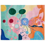 A vibrant area rug featuring a psychedelic garden bloom design with abstract floral patterns and colorful shapes. This contemporary wool rug adds a splash of color to any large living room, offering a unique artistic touch.