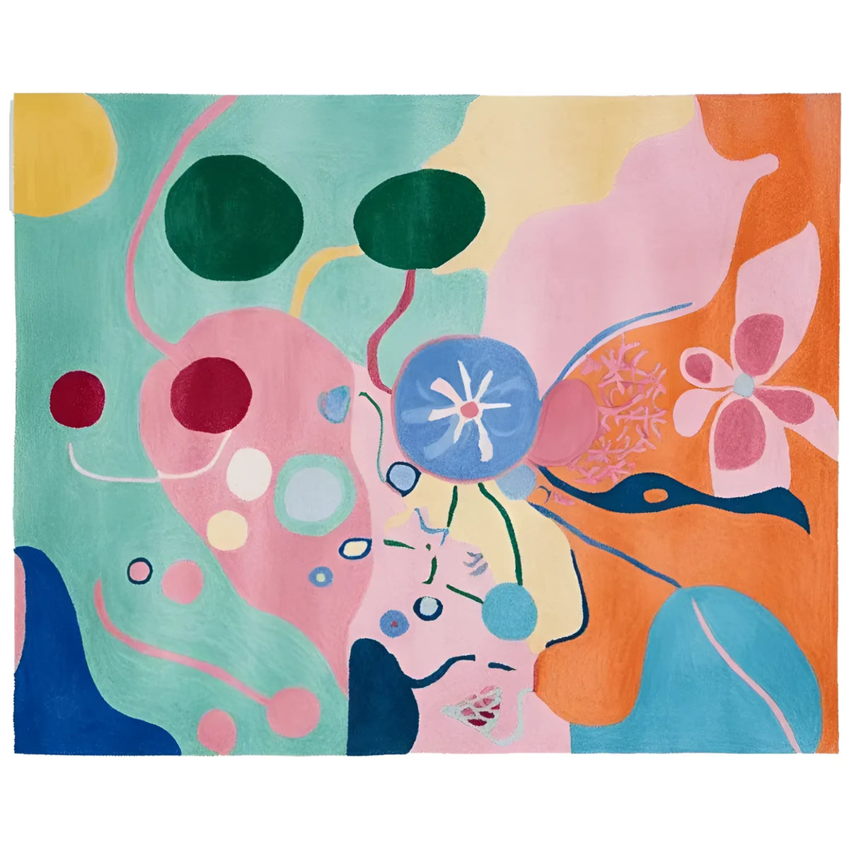 A vibrant area rug featuring a psychedelic garden bloom design with abstract floral patterns and colorful shapes. This contemporary wool rug adds a splash of color to any large living room, offering a unique artistic touch.