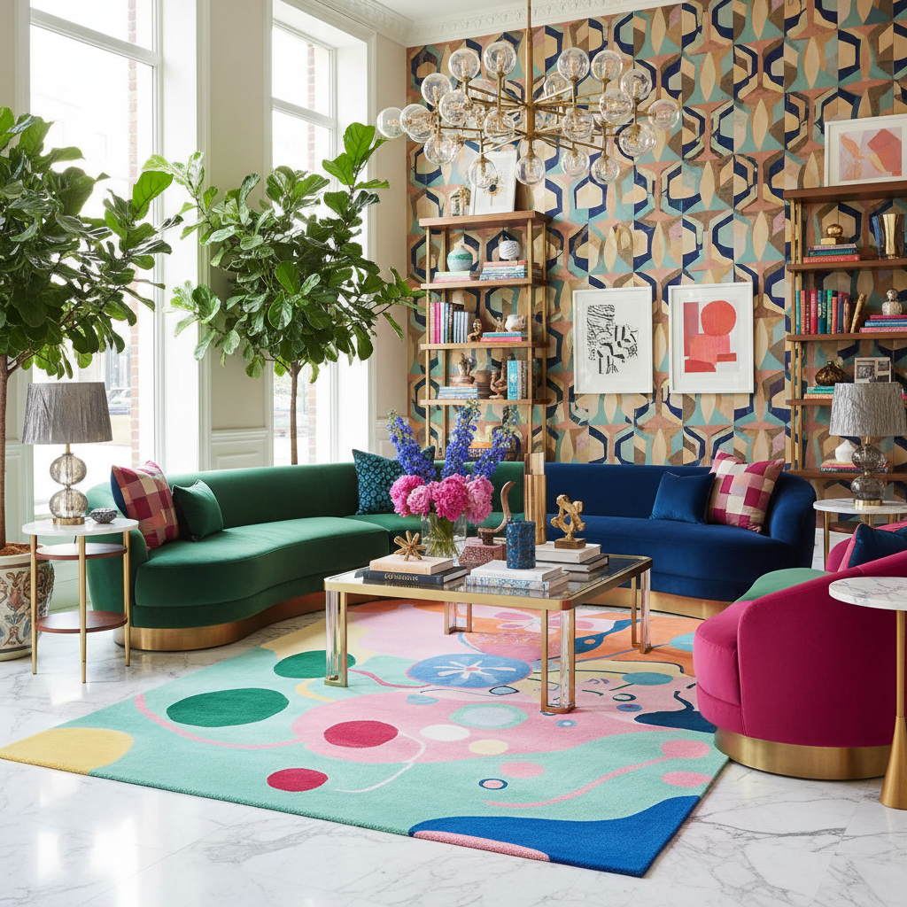Colorful living room with patterned walls, a contemporary wool rug, furniture, and decor.