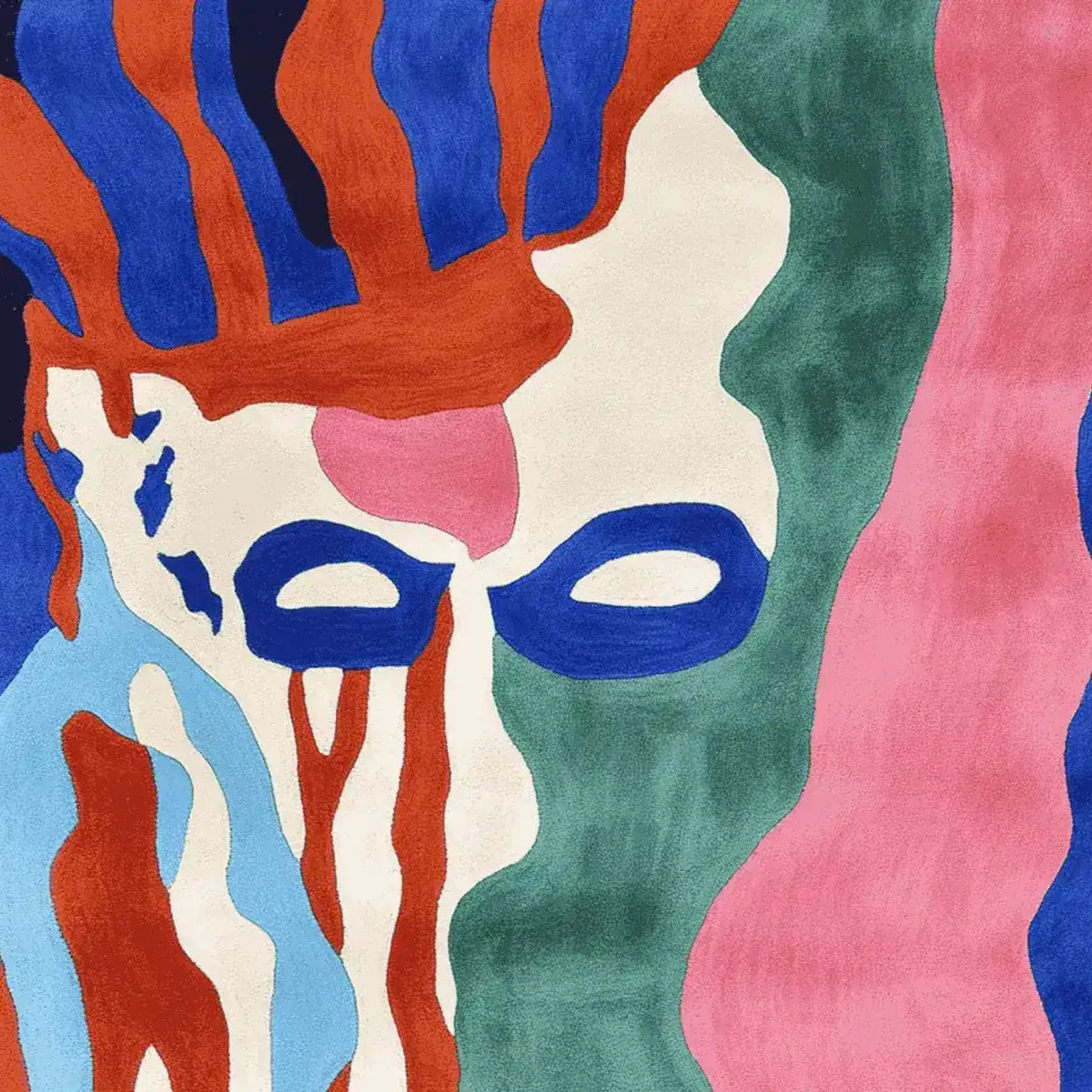 Vibrant hand tufted area rug with psychedelic design featuring bold, abstract patterns in blue, green, pink, and red hues. This square area rug is perfect for adding a contemporary touch to living room spaces, especially in 8x10 dimensions. The wool rug showcases a unique artistic flair, ideal for modern decor.