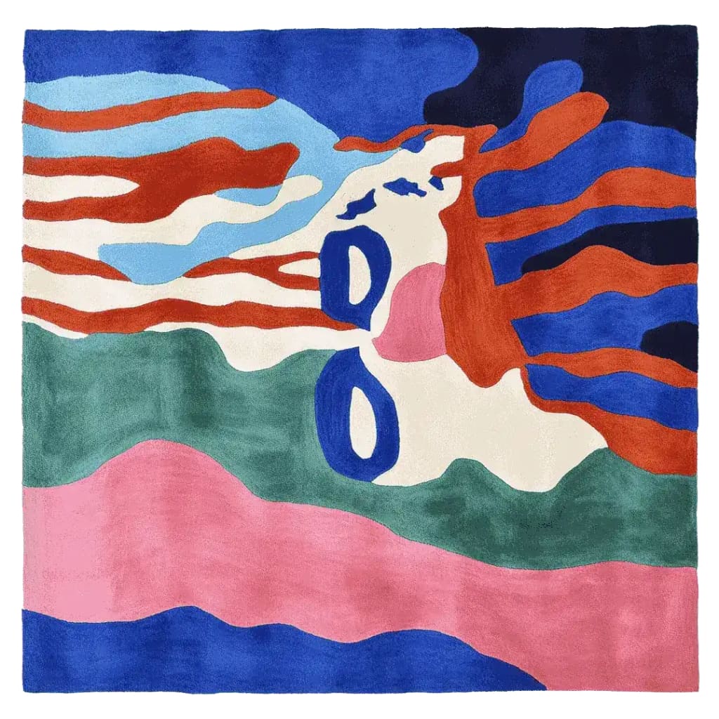 A vibrant hand-tufted square area rug featuring a psychedelic tide portrait design. This contemporary rug showcases bold colors including blue, red, green, and pink, ideal for adding a splash of color to living room area rugs. Perfect as a wool rug for a modern home, this 8x10 square rug is both stylish and functional.