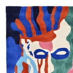 A vibrant hand-tufted area rug showcasing a psychedelic abstract design with bold colors like blue, red, and green. This contemporary square area rug is perfect for adding a splash of color to your living room. Ideal for spaces requiring an 8x10 wool rug.