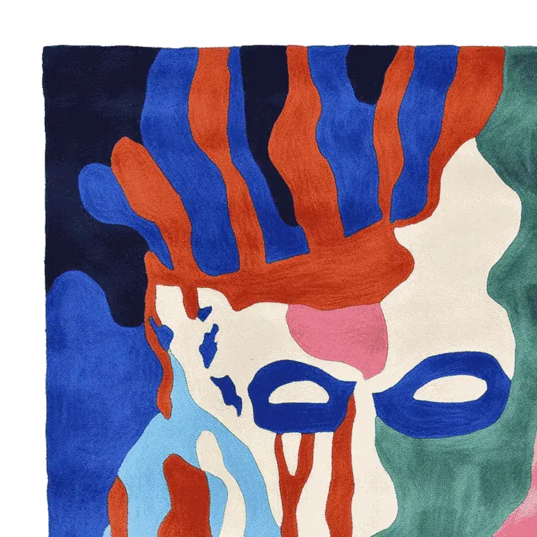 A vibrant hand-tufted area rug showcasing a psychedelic abstract design with bold colors like blue, red, and green. This contemporary square area rug is perfect for adding a splash of color to your living room. Ideal for spaces requiring an 8x10 wool rug.