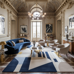Luxurious living room with a blue sofa, patterned rug, and ornate decor.