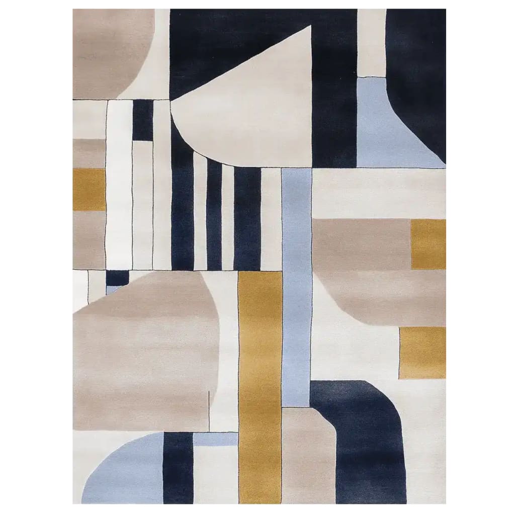 A stunning area rug featuring a contemporary design with geometric patterns in shades of blue, beige, and gold. This wool rug is perfect for adding a modern touch to your living room decor.
